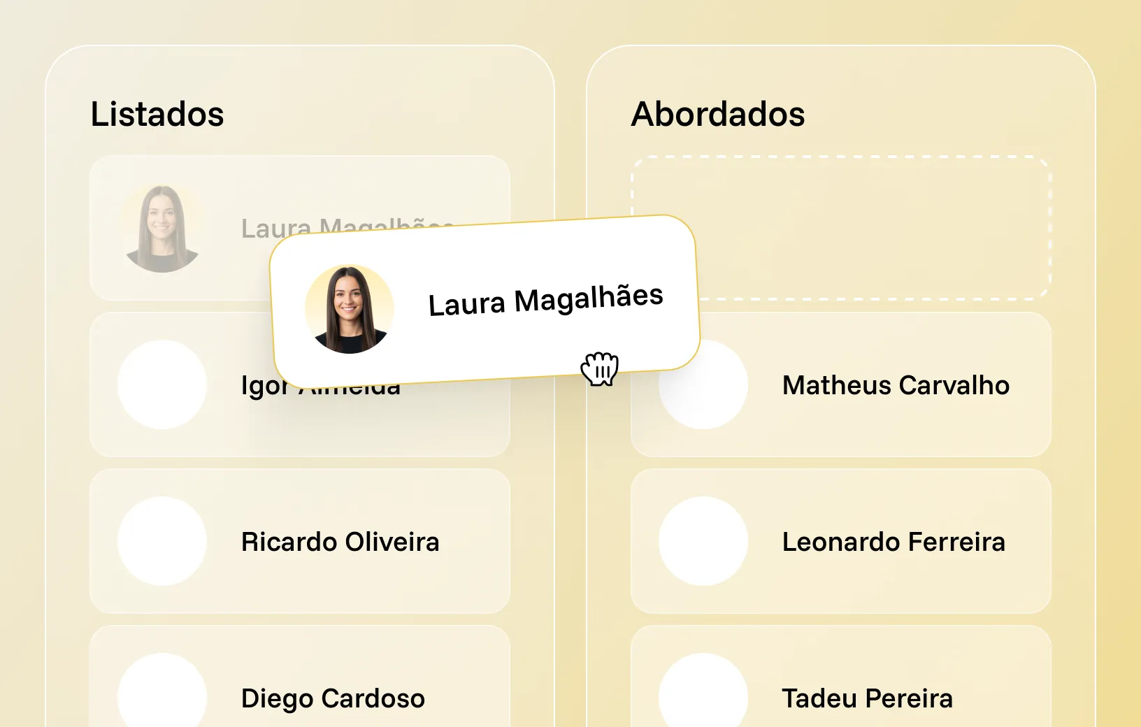 Tela do InHire com candidatos organizados em colunas 'Listados' e 'Abordados'